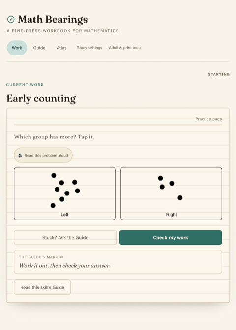 Math Bearings practice page showing a tappable counting problem, a read-aloud control, and the Guide's margin note