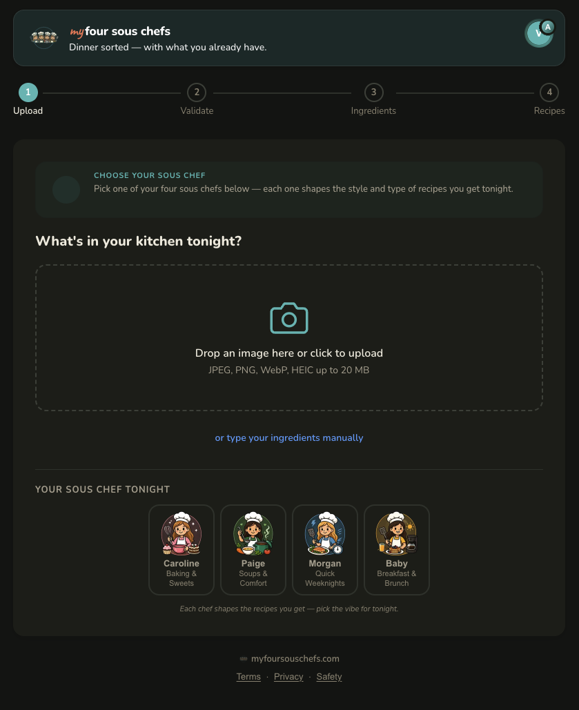 My Four Sous Chefs app showing the recipe generation interface with image upload and AI chef selection