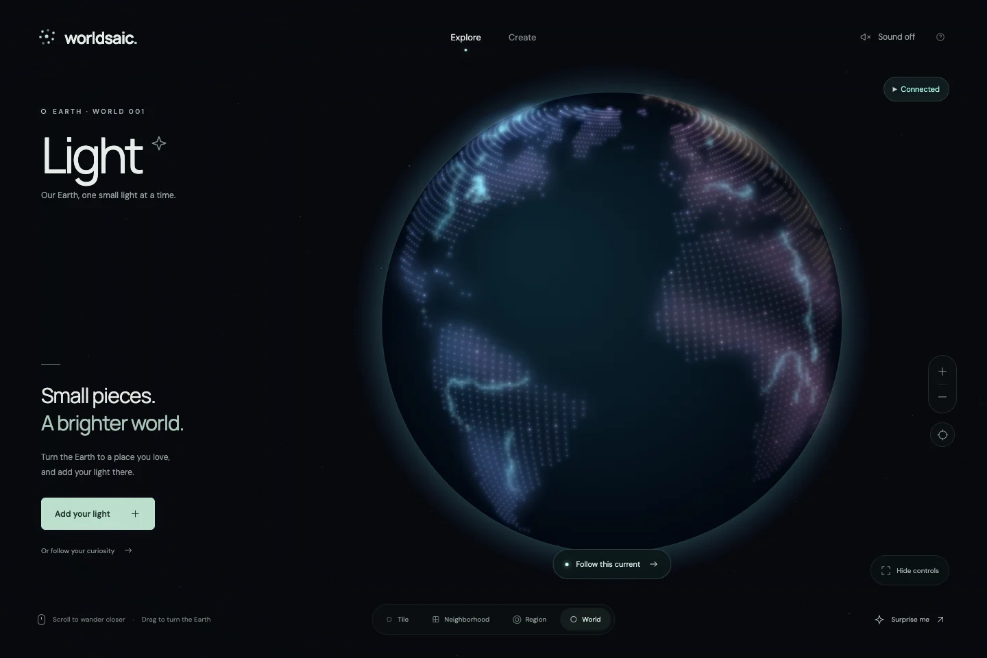 Worldsaic's Light Earth: a glowing globe with an invitation to add a light or follow a river