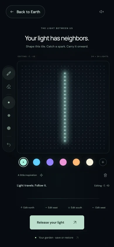 Worldsaic's mobile editor: a glowing mint stroke on a 24 by 24 light canvas, with drawing tools and a color palette
